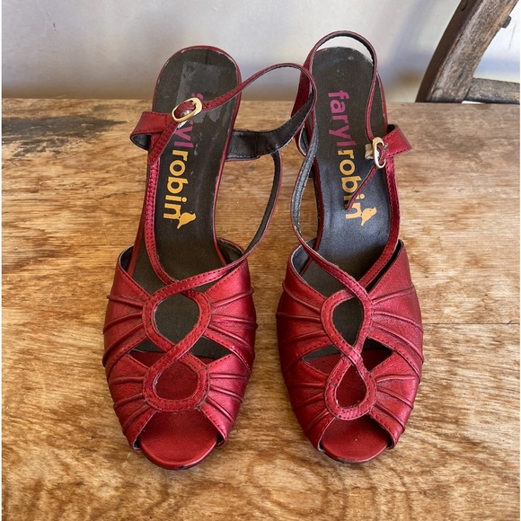 FARYL ROBIN Anthropologie Iridescent Wine Red Sling Back Open Toe Heels Size 8M - Picture 8 of 11